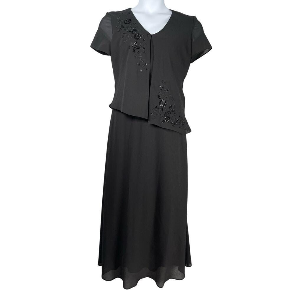 Vintage Studio 1 Dress 10 Black Beaded Embroidered Floral Maxi Formal